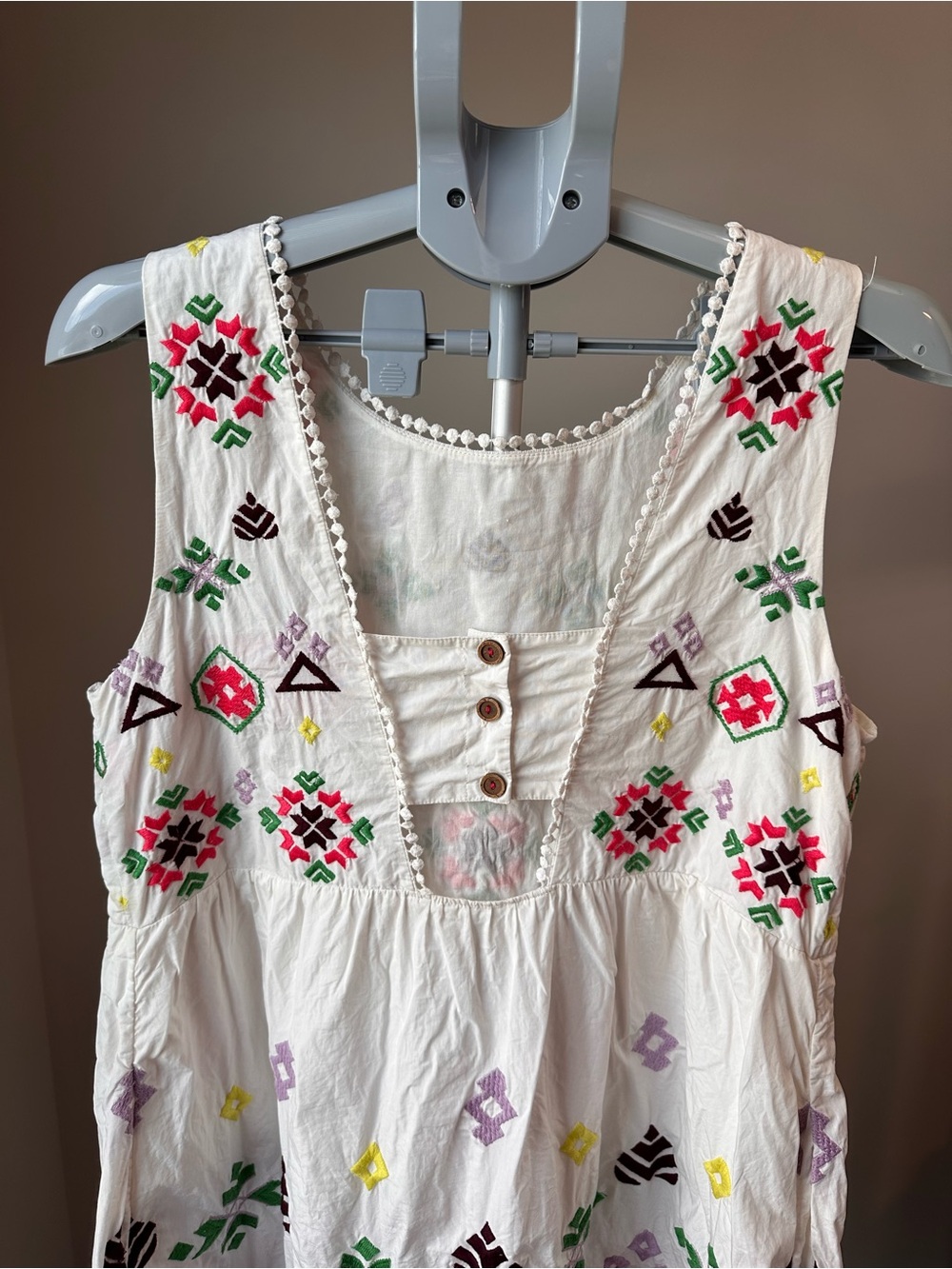 Anthropologie Dolly Geometric Embroidered Cotton Mini Sun Dress Back Button L - Picture 5 of 8
